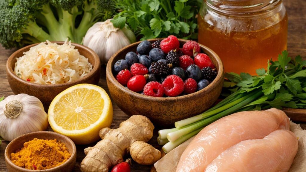 імунна система любить коли ви їсте овочі, фрукти, спеції , мед, зелень, м'ясо