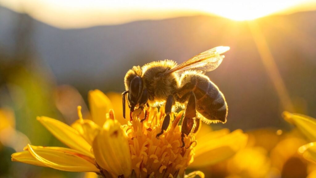 Весна світанок теплі проміння сонця бджола на жовтій квітці збирає нектар