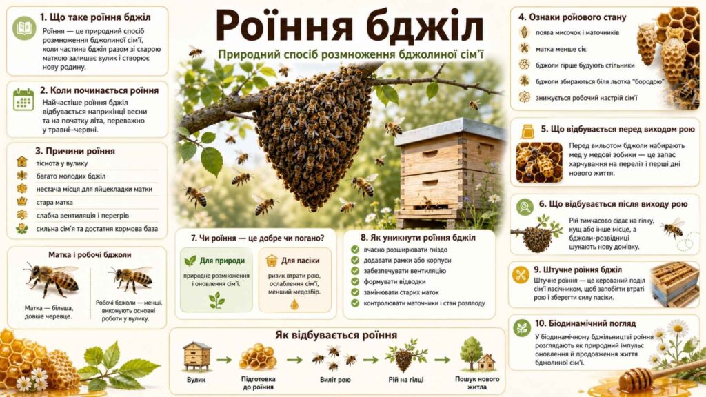 Інфографіка про роїння бджіл: причини, ознаки та профілактика